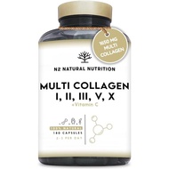 Multi Collagen 1650mg Type I, II, III, V, X. Bovine & Marine Collagen Peptides. 180 Capsules Enhance