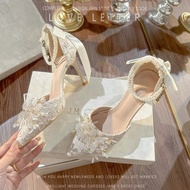 French Style Single Strap High Heels Butterfly Engagement Thin Heels