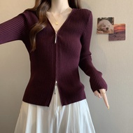 RUIHUAN | Áo Len V-Neck Tím cho Phụ Nữ có Double Zipper