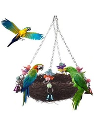 鸚鵡寵物玩具套裝包含編織鳥巢、鳥繩盪架、鳥籠配件、掛籃、草編鳥窩鈴，隨機混色