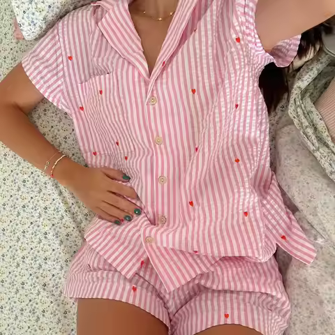 Striped Women Pajamas Shorts Set Sleepwear Kawaii Summer Pijama Set 2 Pieces Loungewear Korean Short