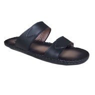 Dép quai ngang nam 2 quai Trường Hải da bò thật màu đen da âm xuống đế may viền chắc chắn QNN0100