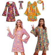 70s Women's Happie Costume Retro Print Flared Sleeve Dress with Headband Earrings Necklace Disco Costume Masquerade Halloween Cosplay Party Carnival Costume New