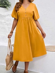 EMERY ROSE 大尺碼女士泡泡袖與紐扣細節波希米亞黃色春季連衣裙