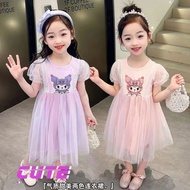 Girl Princess Dress Clothes Summer Children Cartoon Sanrio Kuromi Mesh Dresses Teen Cute Sweet Perfo