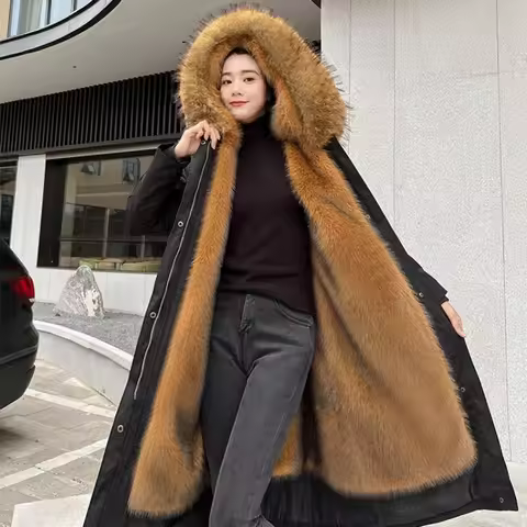Women Long Parkas Fur Lined Faux Fur Coat Warm Jacket Hooded Thick Big Size Fox Fur Lining Women Clo