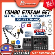LIVE STREAM 3 COMBO SET V8S BLUETOOTH BROADCAST SOUNDCARD USB HEADSET MICROPHONE SET AND LED LIGHT F