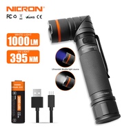 NICRON LED Flashlight 1000lm B75 Torchlight 90 Degree Twist 395nm UV/ White 2-Color Flashlight 18650 UV Torch Light  B75