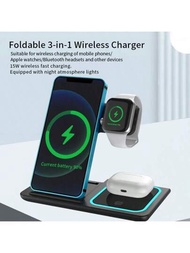 可折疊的3合1無線充電器,多功能15w無線充電支架,適用於手機/apple手錶/藍牙耳機等無線充電的設備。15w快速無線充電,配備夜間氛圍燈,支持多設備充電,支持具備無線功能的apple / Android手機和全系列apple手錶/ Airpods無線充電版本/ Airpods Pro,智能3芯片峰值15w無線充電,手機/apple手錶/藍牙耳機可同時充電,並具有手機支架,方便60°開關,便於收納,只需放入充電,更快、更便捷,內置多重保護功能,以確保安全且快速的充電