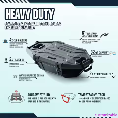 Floating Cooler – 32 QT up to 60 Hours Amphibious Ice Chest - Kayak Camping Coolers for Lake, River,