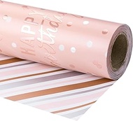 LeZakaa Reversible Pink Birthday Wrapping Paper Roll for Girls Women, Happy Birthday Lettering & Str