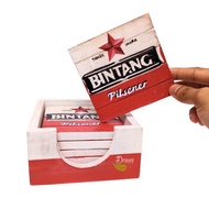 Tatakan Gelas Set 6 Logo Bir Bintang Dengan Holder | Wooden Coaster New 100% Original