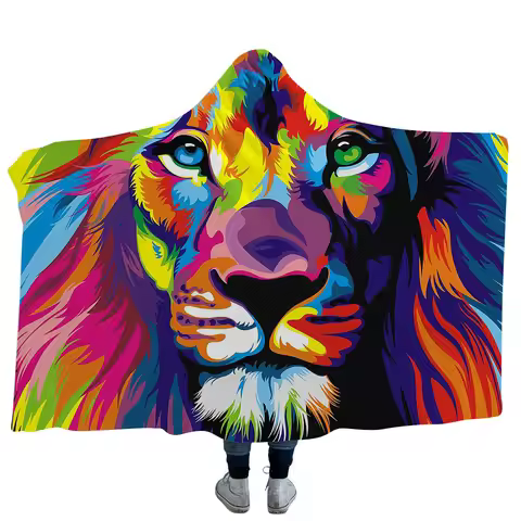 Forest Animal Lion Print Hooded Blanket, Warm Cosy Blanket Pajamas for Boy, Plush Comfy Microfiber T