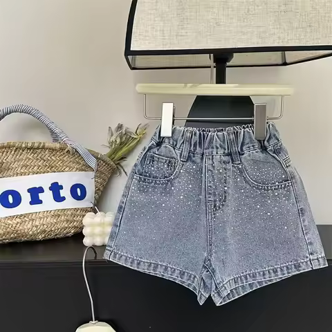 Summer Kids Girls Denim Shorts RAISE 2-8Yrs Girls Jeans Casual Shiny Children Girl Shorts Elastic Wi
