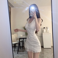 Pure Sweet V-neck Halter Neck Sleeveless Dress Women Summer New Lace Patchwork Waist-cinching Slim S