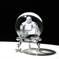LONGWIN 3D Laser Laughing Buddha Statue Crystal Ball Paperweight - 2.3 Inch 3D Engraved Glass Decorative Ball with Stand, Feng Shui Decoration for Good Luck Wealth Happiness Home Decor Gift Idea