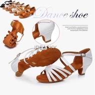【High-quality】 Children Latin Dance Shoes Girls Woman Ballroom Tango Dancing Shoes 4.5cm Heel For Girls Low Heel Kids Salsa Sandals
