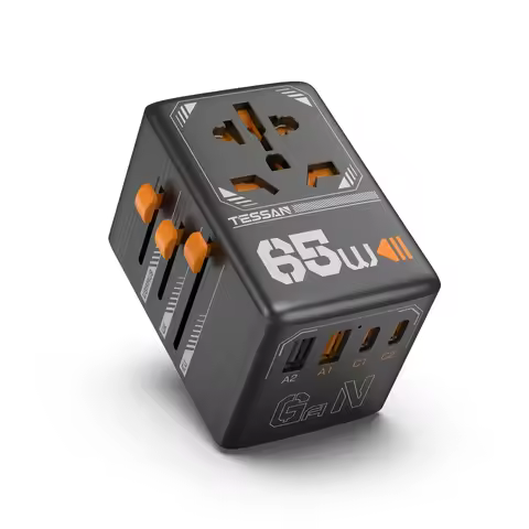 TESSAN 65W GaN International Plug Travel Adapter with USB Type C 140/100/35W Worldwide Universal Pow