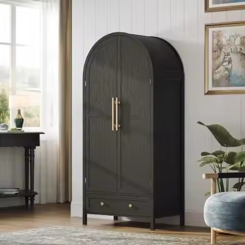 Arched Wardrobe Closet Armoire with Doors and Drawer, Bedroom Armoires Black Wardrobe Cabinet Closet