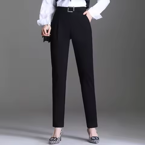 OUMENGKA Women Spring Autumn Chic Fashion Office Wear Straight Suit Pants Vintage High Waist Black F