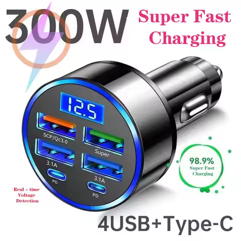 300W 6 Ports Car Charger Fast Charging PD/QC/SCP/FCP/AFC/PSS Car Cigarette Lighter Flash Charge with