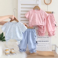 New Summer Children Casual Suit Kids Girl's O-neck T Shirt Mid Pants 2Pcs/set Baby Infant Fashion Sp