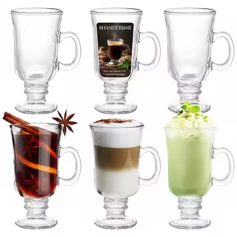 Irish Coffee Mugs, 8.5 Oz Irish Coffee Glasses with Handle & Footed Stem Base, Clear Glass Mugs Espr