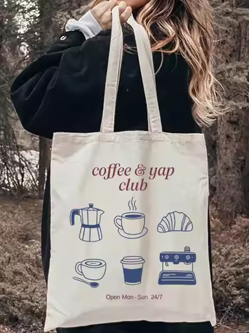 1pcs Coffee Yap Pattern Large Capacity Tote Bag Vintage Canvas Shoulder Bag Women Bag Coffee Lovers 