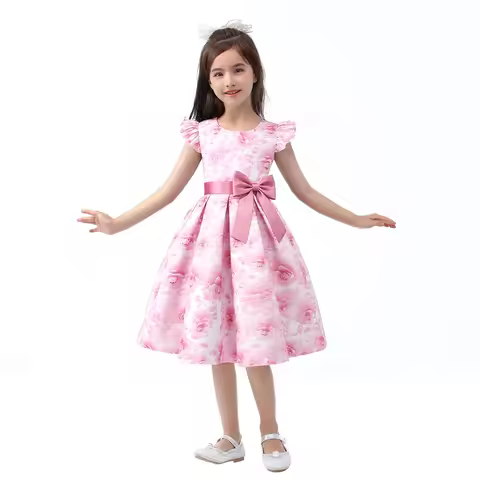 Flower Girls Dress Knee-Length O-Neck Floral Print With Bow Suitable for Special Occasions Children'