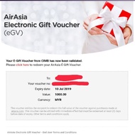 Airasia Electronic Gift Voucher (eGV) RM1000 Expire: 10/Jul/2019