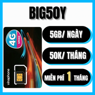 (Chỉ 50K/Tháng) SIM 4G Vinaphone BIG50Y Xem Vdeo Y0utubi Tictoc Không Giới Hạn Tặng Thêm 5GB/Ngày Th