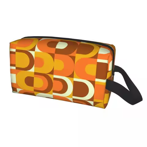 Custom 70s Pattern Retro Inustrial In Orange And Brown Tones Toiletry Bag Fashion Geometric Colorful