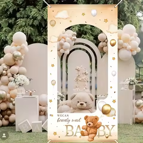 Teddy Bear Gender Reveal Photo Booth Frame, Neutral Beige Bear & Balloon Print Backdrop for Gender R