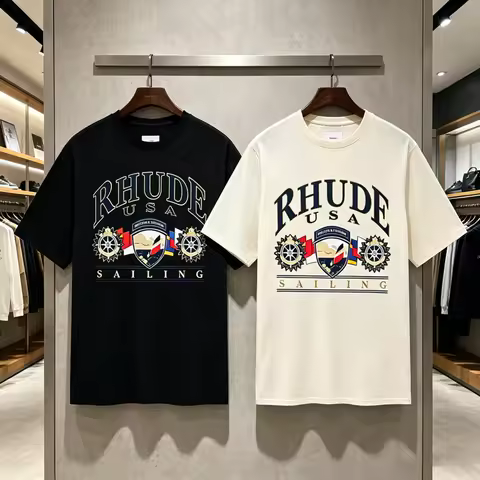 American Streetwear RHUDE Gear Badge Print T Shirt Men Women Best Quality Loose Short Sleeve Tops Te