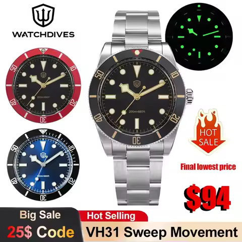 Watchdives WD7922 Quartz Watch VH31 Movement 37mm Stainless Steel Men Watch Sapphire 200m Waterproof