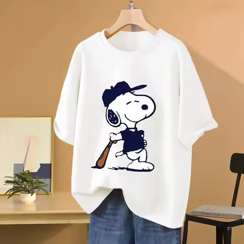 Snoopy Baseball Cartoon Anime Women T-shirt Summer Short Sleeve 100% Cotton Men Tee Shirts Tops 2025