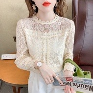 Lace Stitching T-shirt Women's Spring and Autumn round Neck Simple Korean Style Hollow-out Long Sleeve Top