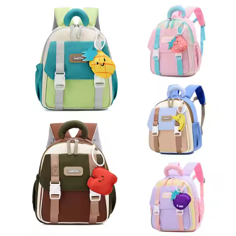 Kids Kindergarten Backpack Nylon Color Block Backpack With Fruit Charm Boys Girls Ergonomic Lightwei