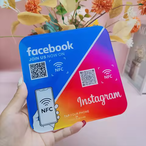 2-in-1 Social Media Connected Plate Tap or Scan Contactless NFC QR Code Sign Acrylic Google Review Q