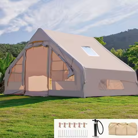 Inflatable tent camping, 4-6 person hand pump inflatable tent, with skylight and double door waterpr