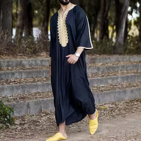 Islam Kaftan Muslim Men Long jubah Robe Moroccan V Neck Stripe Printed Embroidery Arab Djellaba Duba