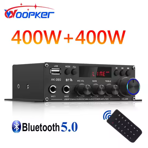 Woopker AK390 BT 5.0 HiFi Power Amplifier 400Wx2 Stereo Digital AMP BASS Media Player Supports FM Ra