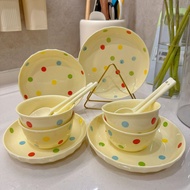 Ceramic Bowls Plates Tableware Set Cream Polka Dot Bowls Plates High Temperature Resistant Soup Bowl