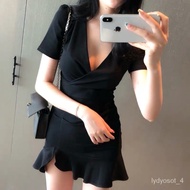 💕FLASH SALE💟2022Summer New Short Sleeve Dress Women's SexyVCollar Fishtail Skirt Sheath Slit Slim-Fitting Slimming Dress