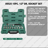 SATA 15Pcs 1/2" Dr. Socket Set 09525 6Pt Socket 10-24MM/Quick Release Ratchet/Extension Bar 5" Set S