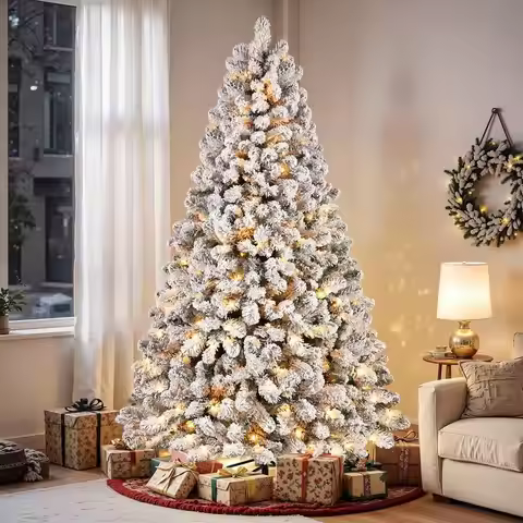 9ft Prelit Snow Flocked Artificial Holiday Christmas Tree With Warm White Lights, Foldable Stand, Fu