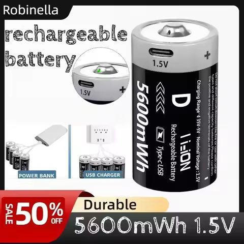 1.5V USB Rechargeable D Cell Lithium Battery 5600mWh, for Household Appliances Like Gas Cooker,Water
