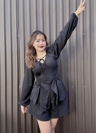 Đồ Bộ đi chơi Bigsize Cô Nhỏ tiểu thư áo kiểu tay dài vạt xòe xẻ nhún eo kèm quần đùi lưng chun chất