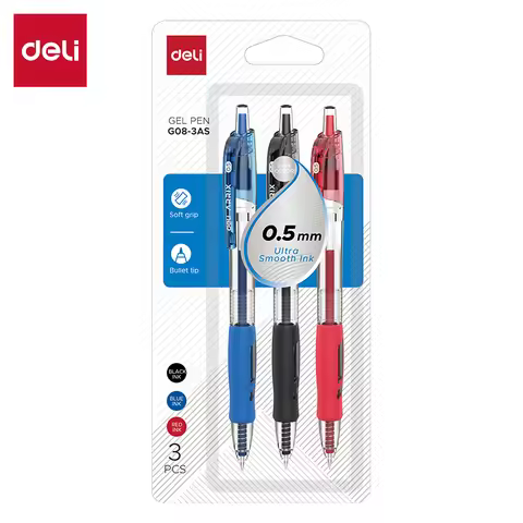 DELI Retractable Gel Pen Set 0.5 mm Bullet Tip Black Blue Red 3 ink colors Office School Writing Gel