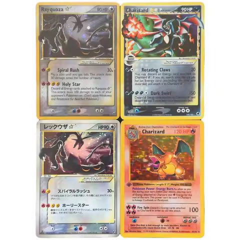 4Pcs/set Gold Star Rayquaza Charizard Refracted Flash Card Self Made Base Set Charizard Classic Game